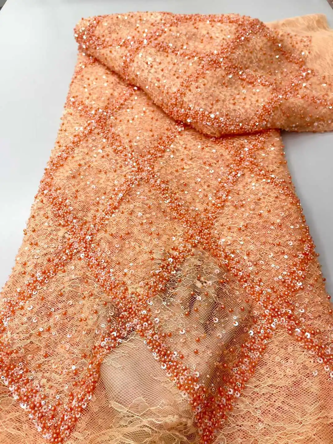 African Groom Lace Fabric 2025 Heavy Beads Lace French Tulle Sequins Embroidery Lace Fabric for Party Dress Women