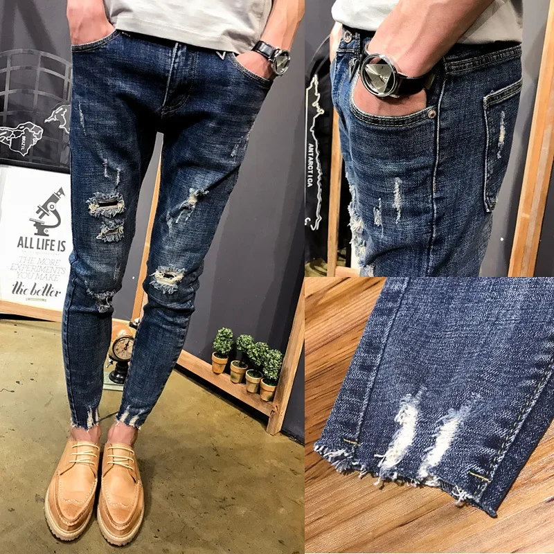 Wholesale 2022 Teenagers Denim Pants Beggar Men\'s Slim-fit Small Feet Frayed Jeans Male Stretch Social Spirit Guy Pencil Pants