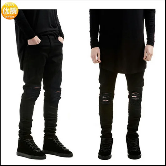 High Street Trend Brand Pure Black Slim-Fit Small Foot Elastic Jeans Men's Slim-Fit