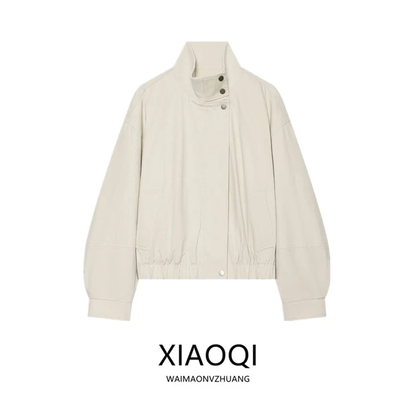 Simple Stylish Cotton Jacket Women's Spring Autumn New Arrival Elastic Waist Stand Collar Versatile Outerwear for Ladies
