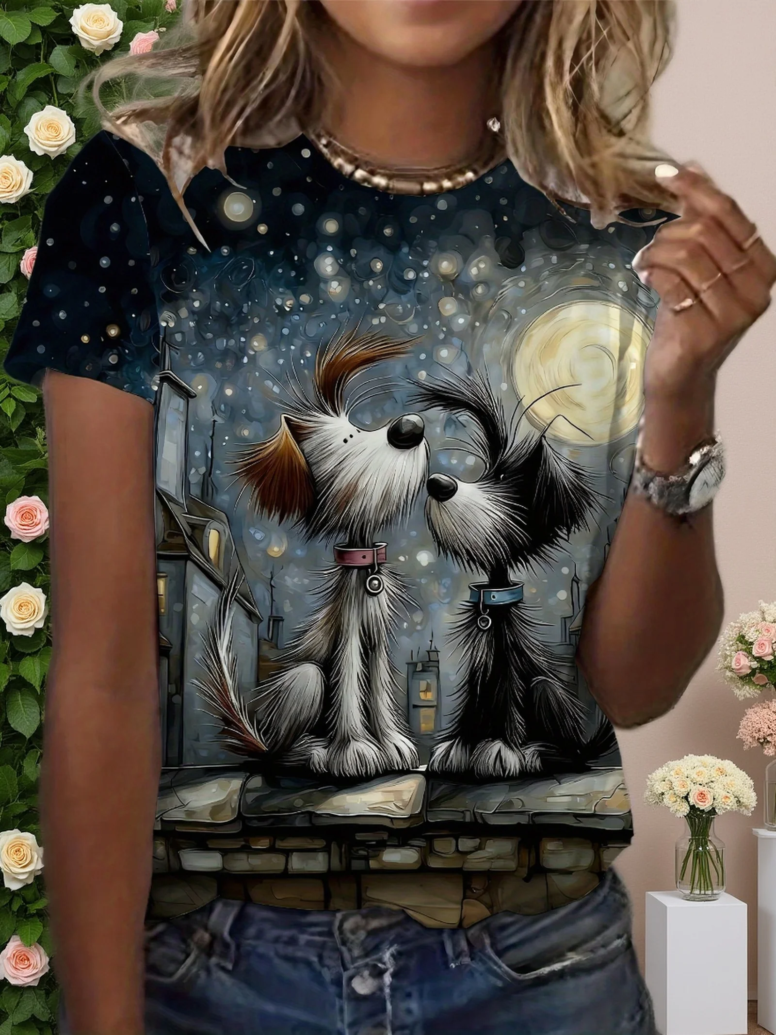 Women Short Sleeve T‑Shirt Cute Dogs Night Moon Star Cityscape Art Print Round Neck Casual Summer Daily Tops