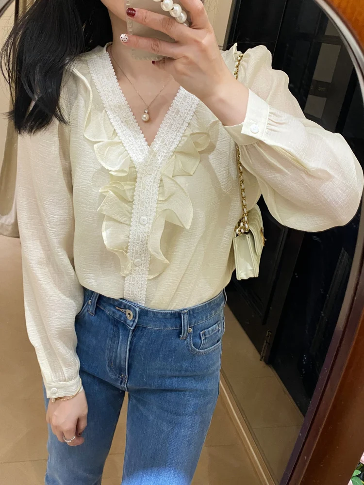 

Sun Protection Lightweight V-Ne Silk irt with Lace Trim Two-Piece Set ato Design Fall 2025 OL Sle Slim Fit Long Sve