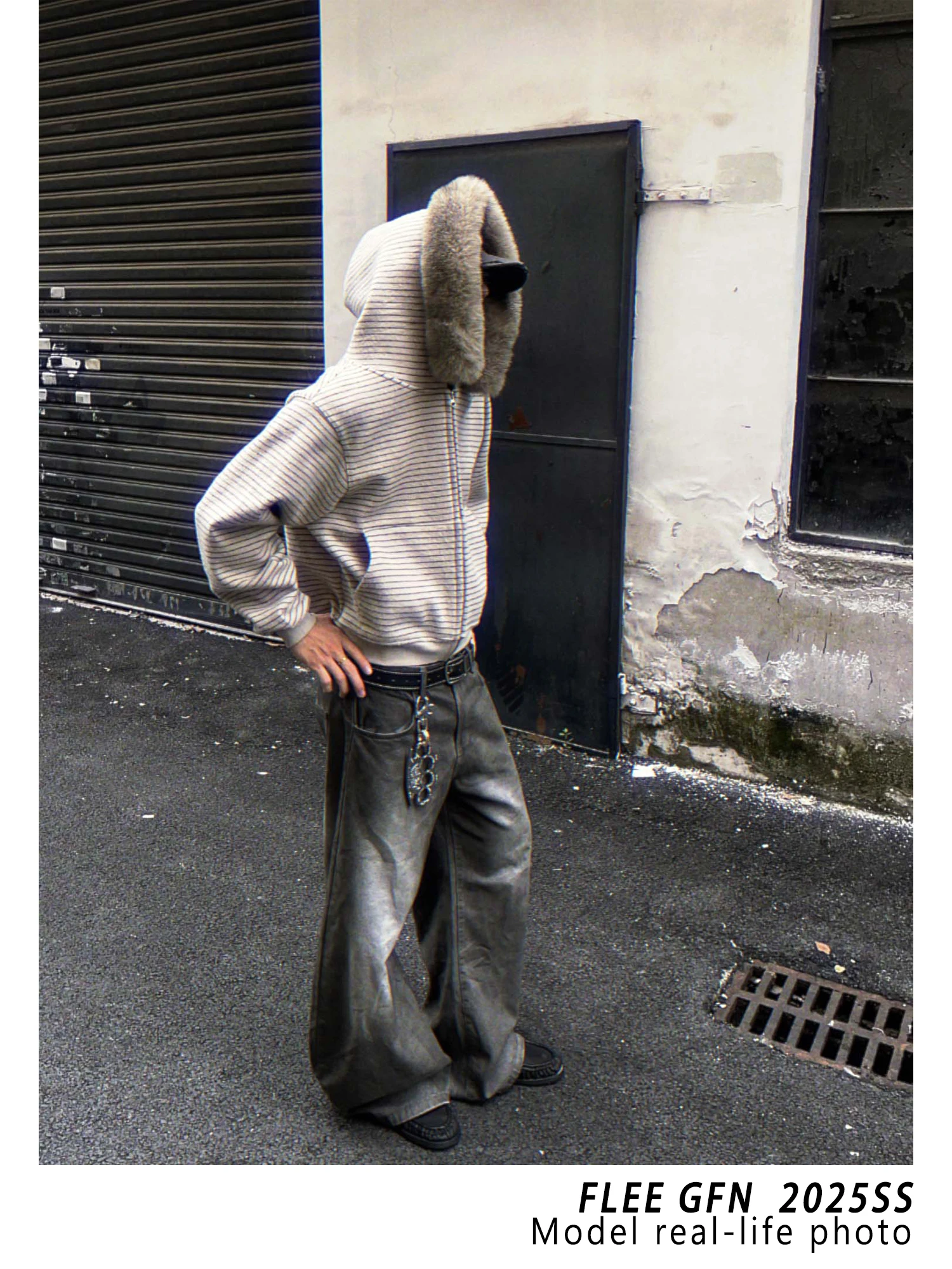 2025 Early Autumn New American Style Fur Collar Striped Zipper Cardigan Hooded Sweatshirt Fashion Trend Unisex Jacket