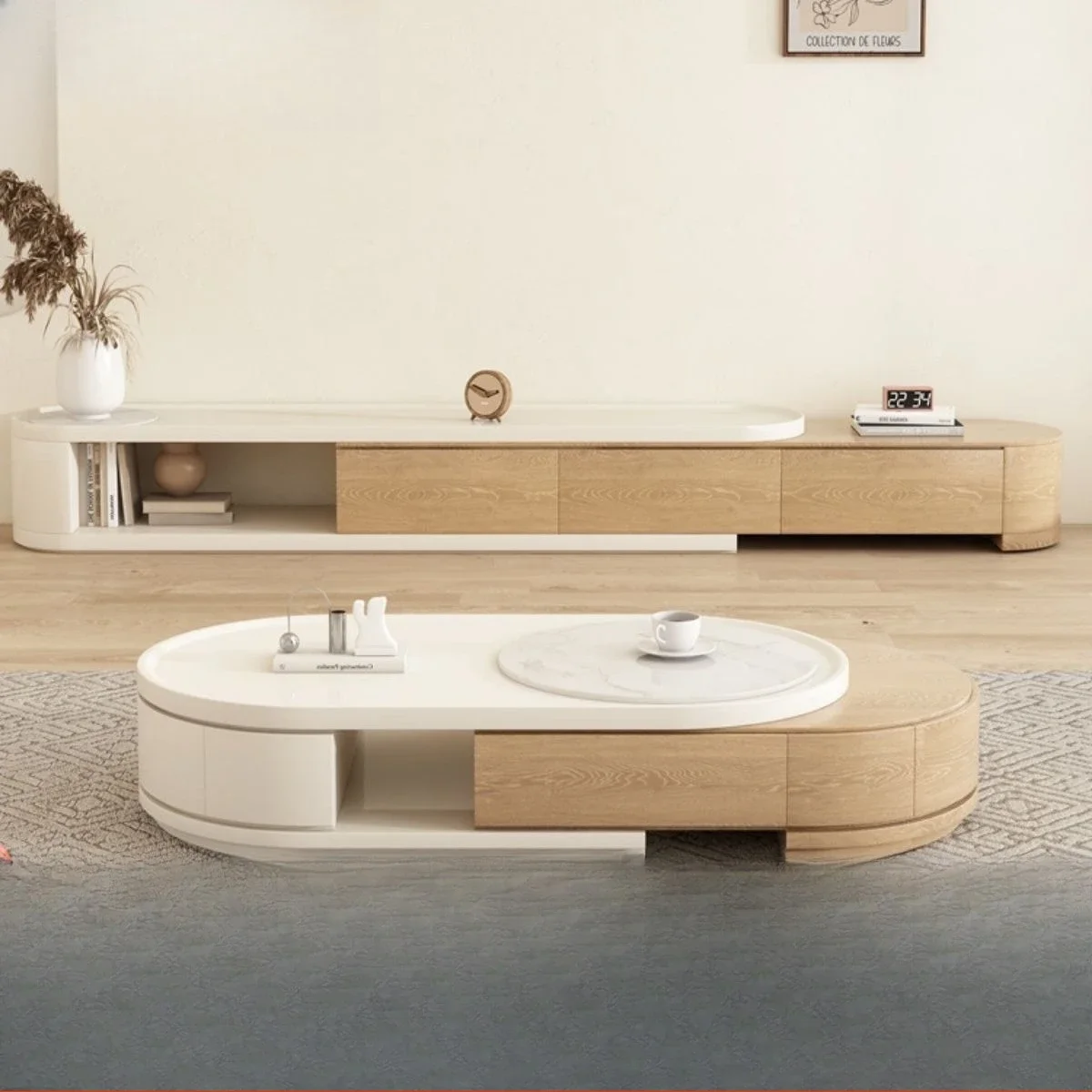 Cream wind TV cabinet, simple and modern thick rock slab living room coffee table, environmentally friendly E1 grade