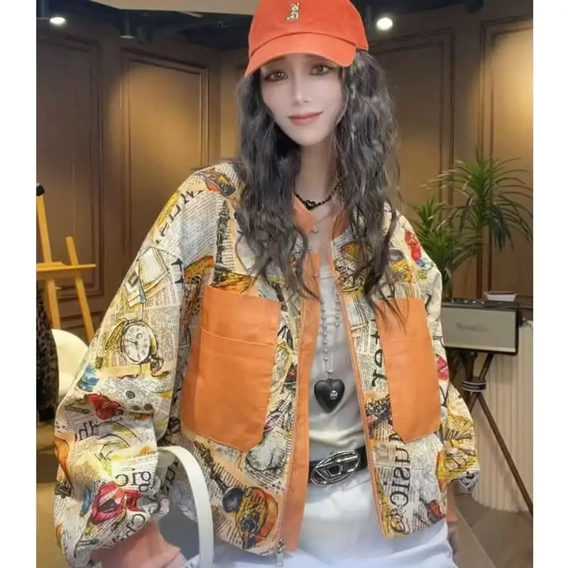 

Vintage Bomber Jacket Women New Coat Autumn Spring Print Fashion Large Pocket Jacket Top Women's Clothing Long Sleeves Zipper