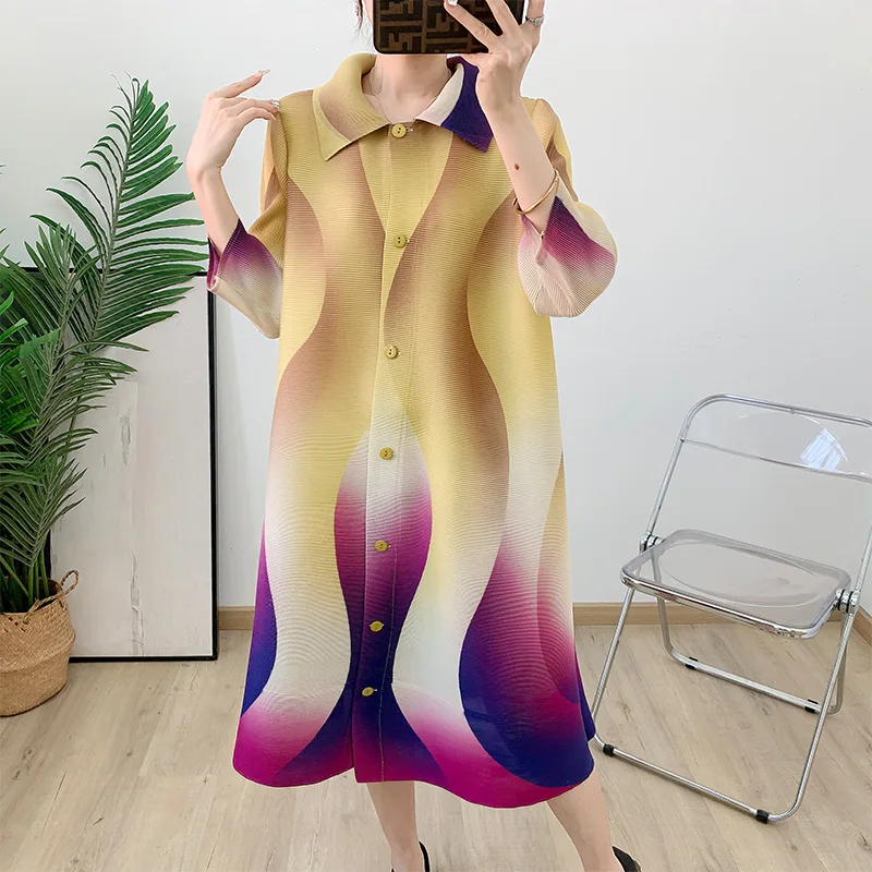 Miyake Pleated Gradient Cardigan 2025 Spring/summer New Comfortable Pleat Seven Quarter Sleeve Lapel Fashionable Outer Set