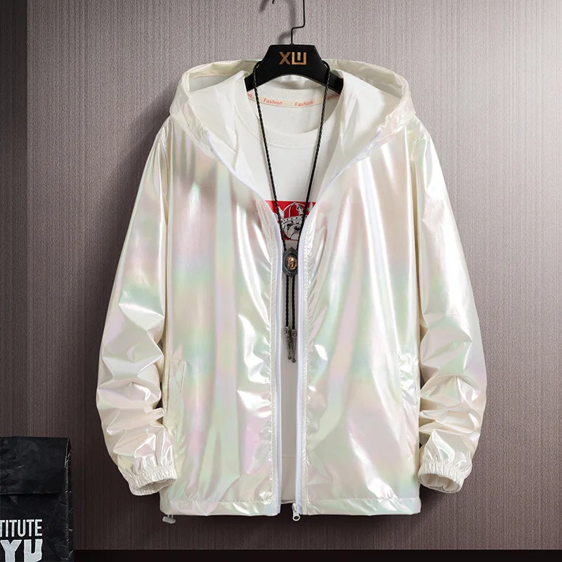 Men Jacket Glittery Reflective Panels Hooded Long Sleeve Zipper Closure Disco Coat with Decorative Cuffs Parties Nightclubs Coat