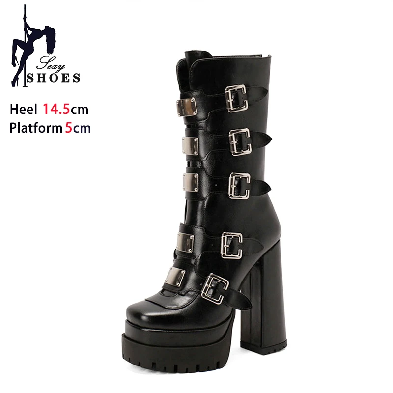 Cosplay Women Platform Boots Gothic Style Nightclub Lady Heels Buckle Strap Knight Boots 14.5CM Winter Black Shoes Size 35-43