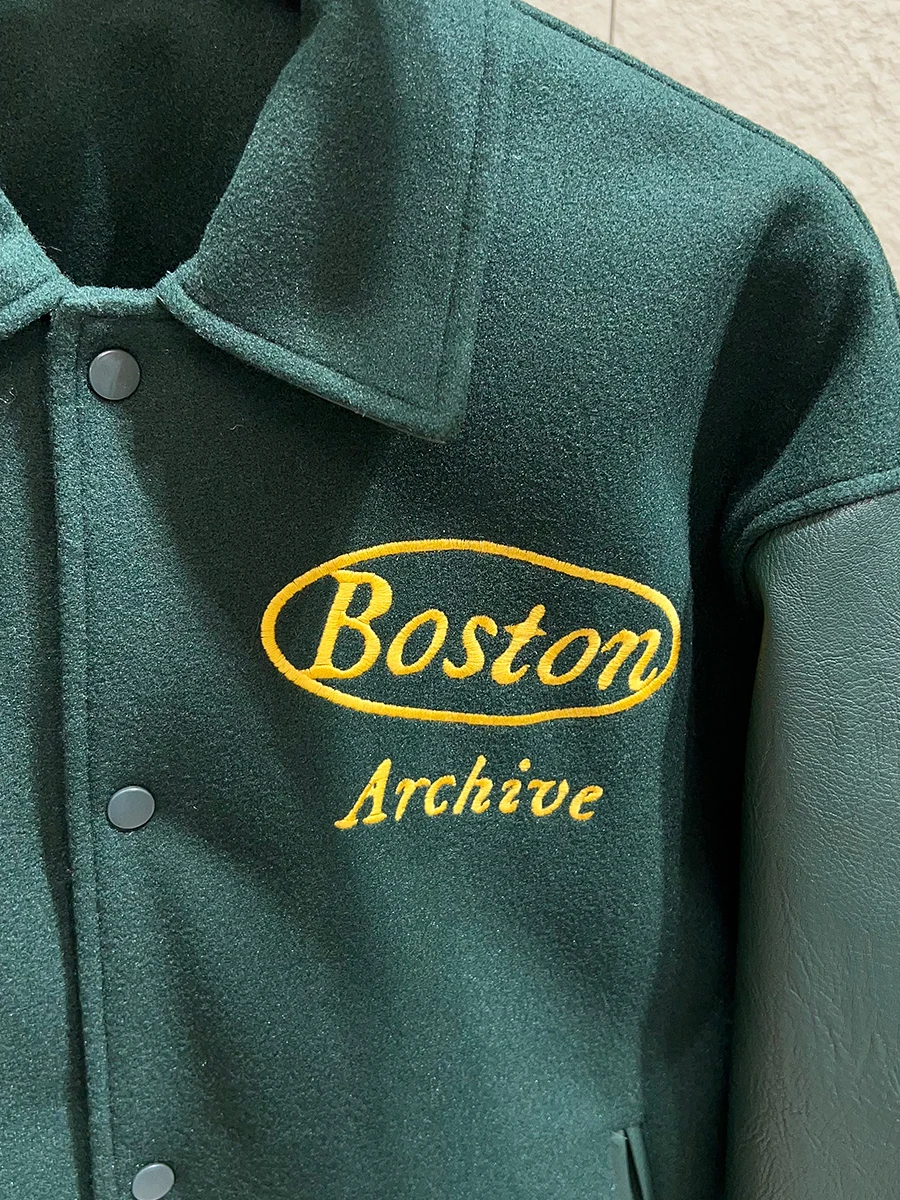 2025 New College Style Green Baseball Jacket for Men Youth Trendy Outerwear Long Sleeve Polyester Nylon Warm Casual Coat