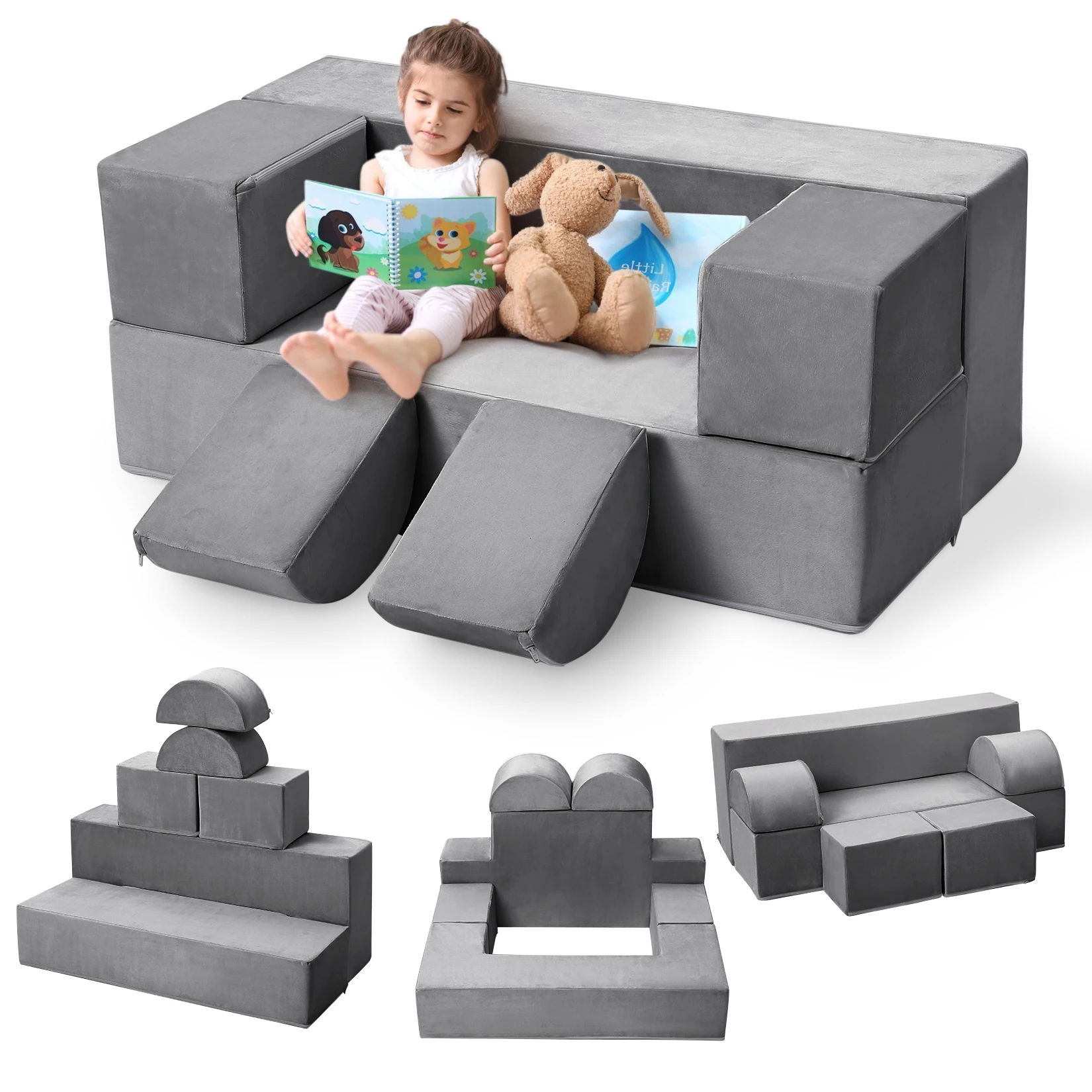 Kids Play Couch 6PCS Modular Toddler Sofa, Convertible Soft Foam Kids Sofa Set with Washable Suede Cover and Detachable Cushions for Reading Playing Sleeping in Bedroom Playroom, Dark Gray