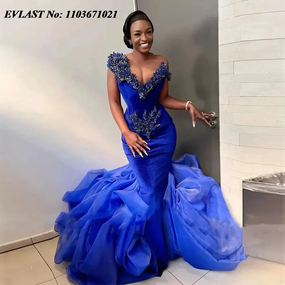 EVLAST Royal Blue Aso Ebi Prom Dress perline velluto sirena abiti da sera lungo volant Organza abito da festa formale africano P170