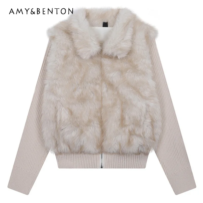 

French Design Fake Two-Piece Lapel Knitted Splicing Thickened Women's Coat 2025 Winter Plush Faux Fur Keep Warm Jackets Ladies