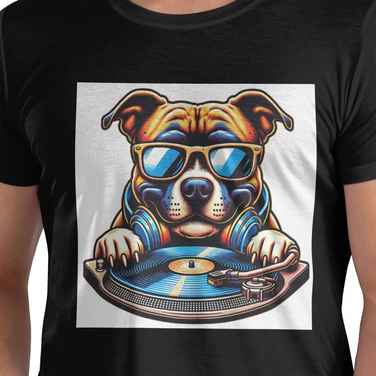 

DJ Staffordshire Bull Terrier Dog 100% Cotton T-Shirt Men's Funny T Shirts Men Crew Neck Short Sleeve S-6XL
