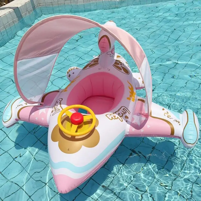 

Inflatable Airplane Float Baby Ride Raft Pool Toys with Sunshade Outdoor Water Play Swimming Ring Lounger Comfortable