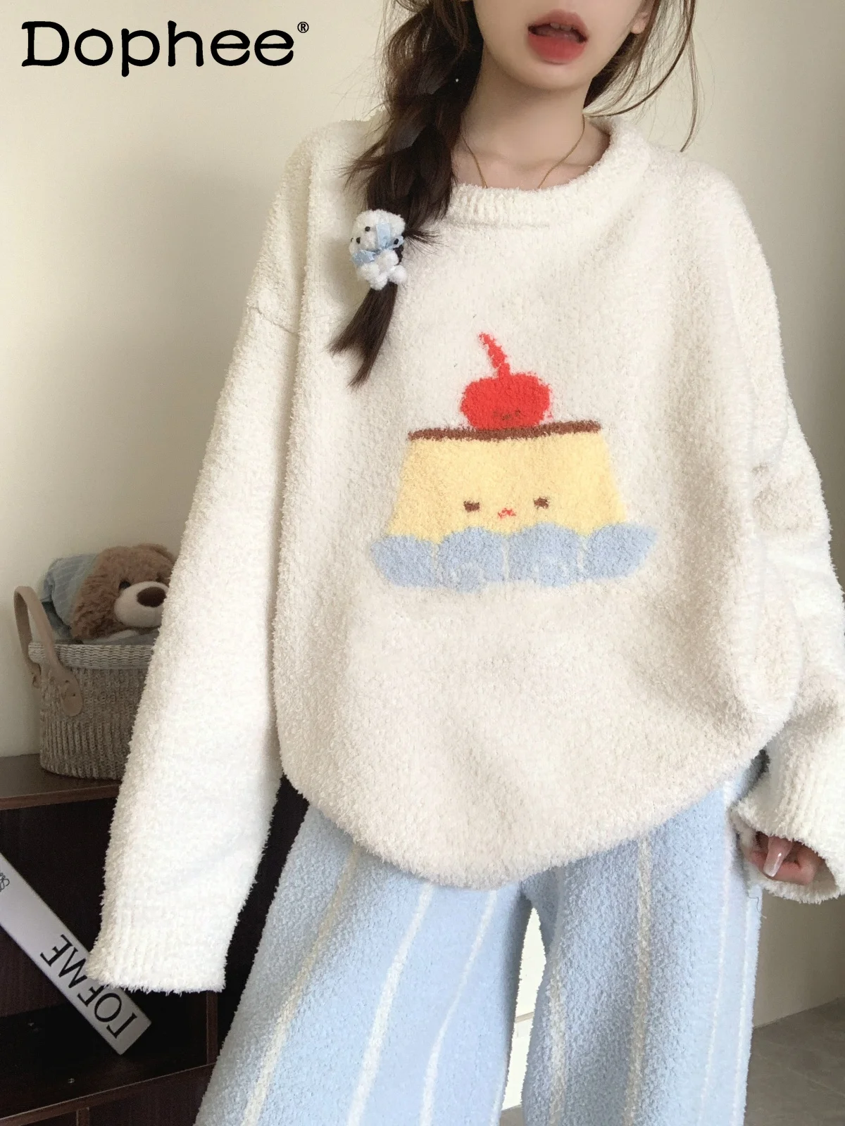 

2025 Autumn Winter New Cute Japanese Style Girl Plush Pajamas Women Round Neck Warm Casual Loose Homewear Set