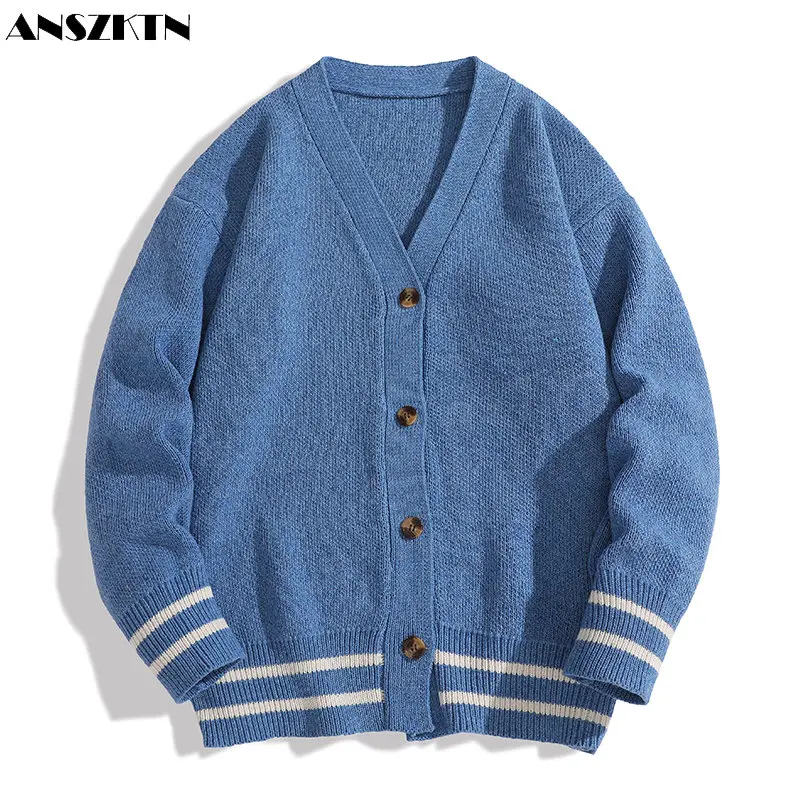 ANSZKTN Men Autumn  winter trend casual loose Oversized knit dropped shoulder V-neck sweater cardigan