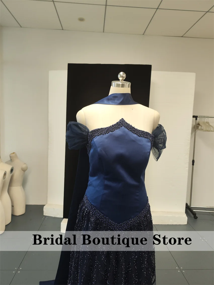 Perles élégantes Arabie Saoudite bleu marine robes de soirée perles cristaux robe de soirée de mariage فmaveraة robe de bal personnalisée