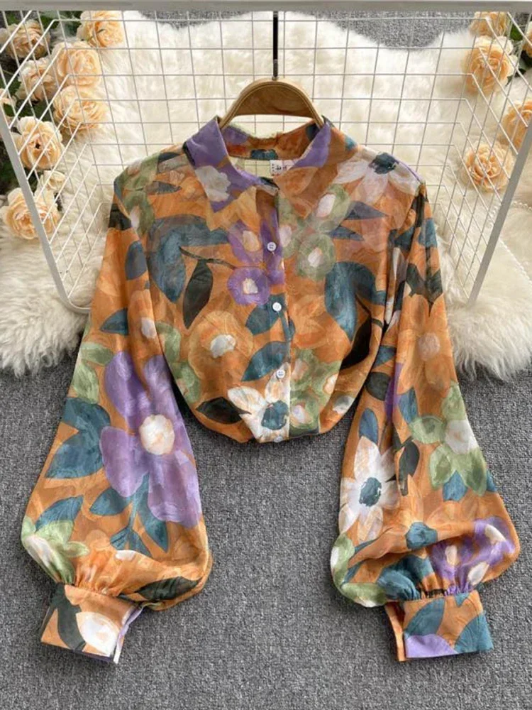 New Spring  Autumn Retro Printed Shirt Women\'s Loose Lantern Sleeve Blouse Oil Painting Sense Shirt Tops Female D0632