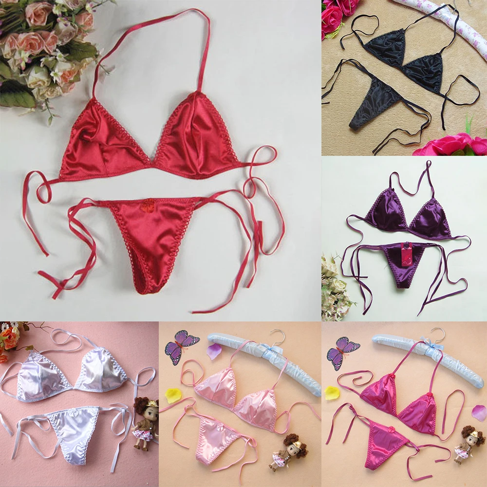 Sexy Lingerie Set Women's Satin Silk Thong Underwear Bra Panties T Back Lace Top Panties Bikini Beach Swimming Swimwear