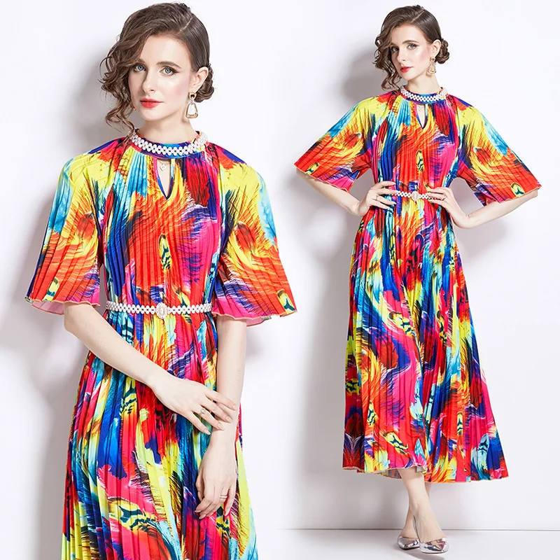 Miyake 2024 High-end Bead Positioning Printing Pleated Pearl Buckle Pleated Dress Robe Summer Dress Long Dresses for Women