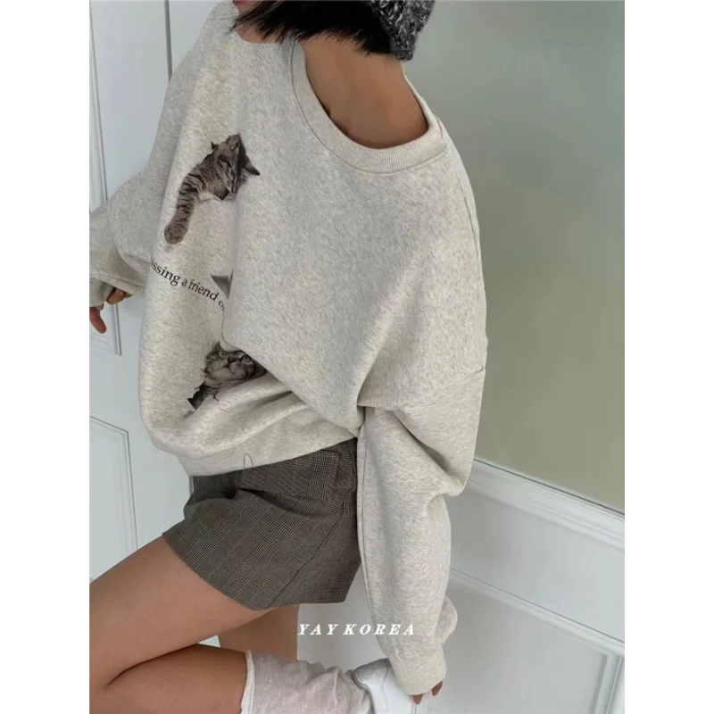 Early Autumn New Cat Printed Round Neck Sweatshirt  Women Loose Casual and Fashionable Versatile Top