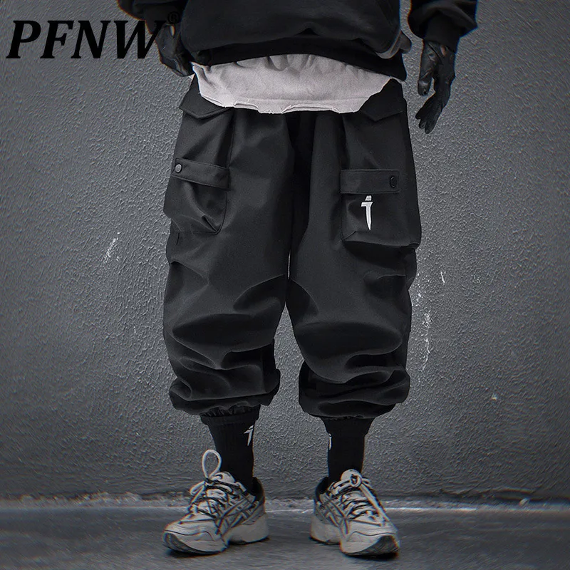 PFNW Functional Style Stacked Workwear Drawstring Cargo Pants Men's Loose Casual Pocket Ealstic Waist Trousers 2025 New 12C2343