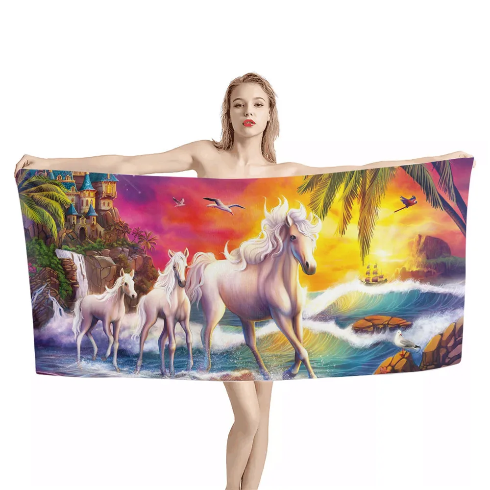 Horse Painting Printed Beach Towel Cartoon Quick Drying Portable Bath Shower Towel for Kids Adults Travel Swimming Sport Towel