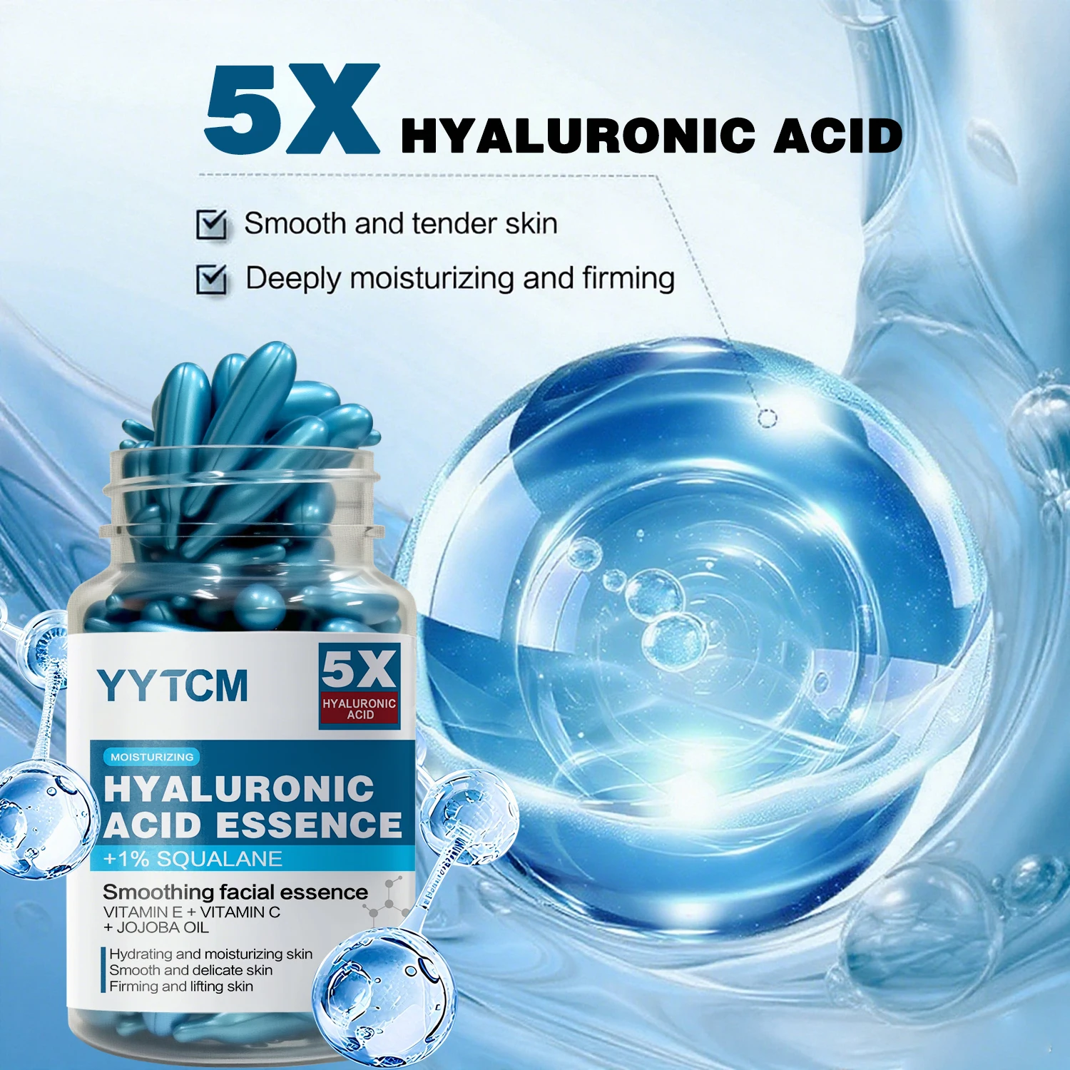 Hyaluronic Acid Deep Moisturizing Capsule Essence, Hydrates and Smoothes the Skin, Contains Plant-Derived Squalane, Vitamin E, Vi