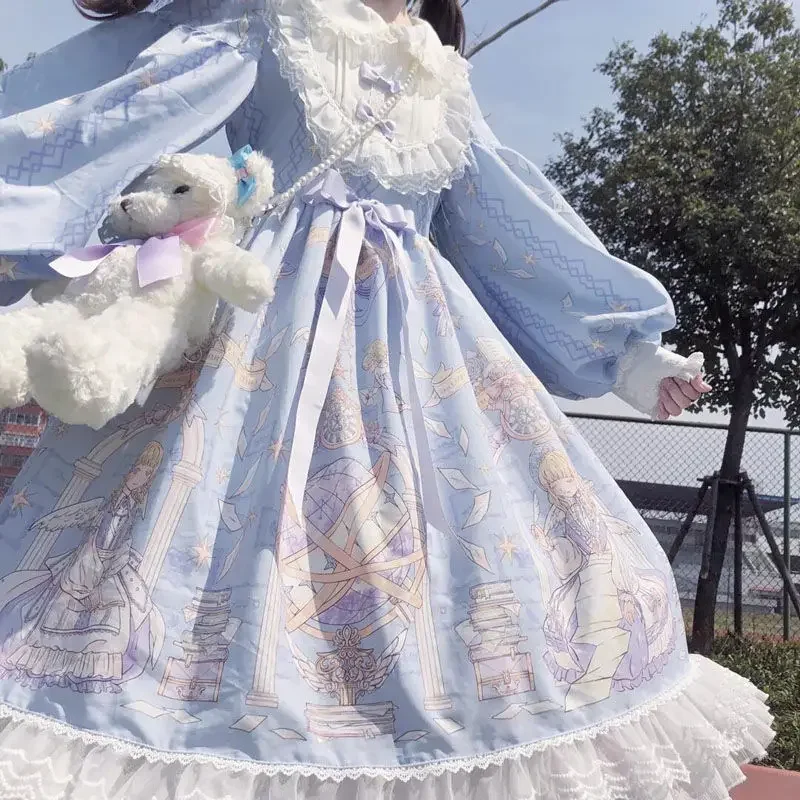 Lolita vestido largo con estampado de Ángel Lolit para estudiantes, manga larga, estilo de hada