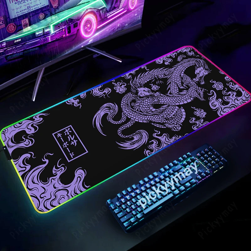 RGB Gaming Mousepad Dragon Japanese Mouse Pad Backlit Mouse Mats LED Large Gamer Mousepads XXL Keyboard Pads Luminous Desk Mat