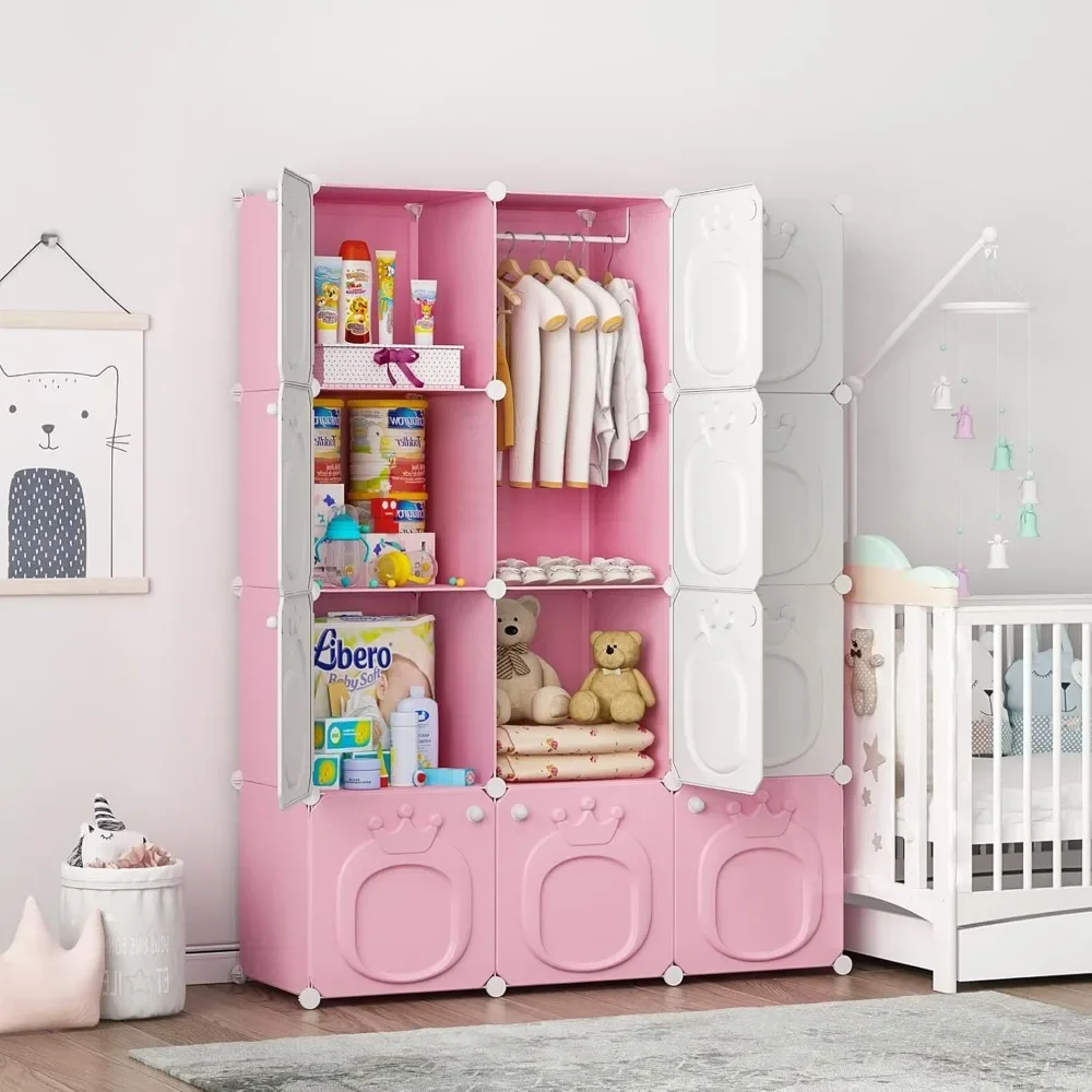 Kids Wardrobe Closet,Baby Closet Cabinet with Door.Armoires for Bedroom.Two Open Hanging Children Costume Area and 8Cube Stroage