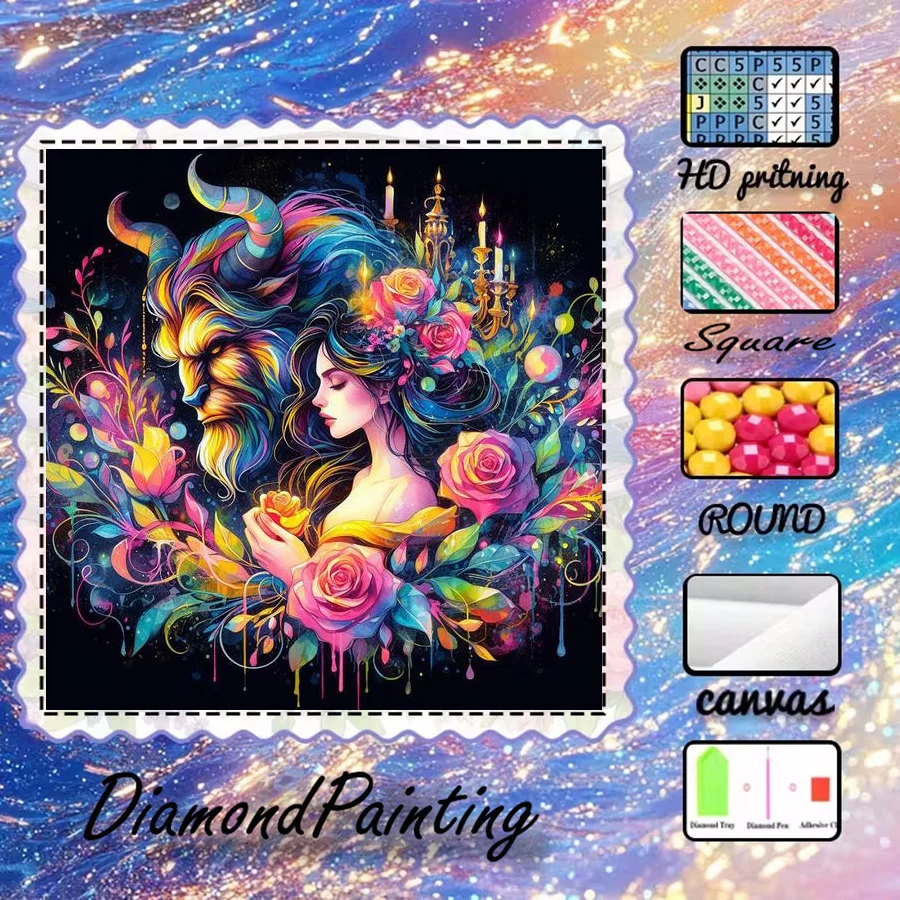 1 piece - Potdemiel-5D-DIY - Flocking cloth - Special drill - Diamond painting set - Beast flower - Diamond art
