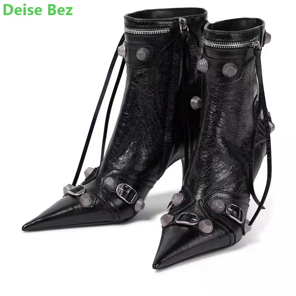 2022 New Leather Pointed Toe Short Boots For Women Lnner Zipped Closure With Knotted Puller Thin High Heel Fashion Shoes