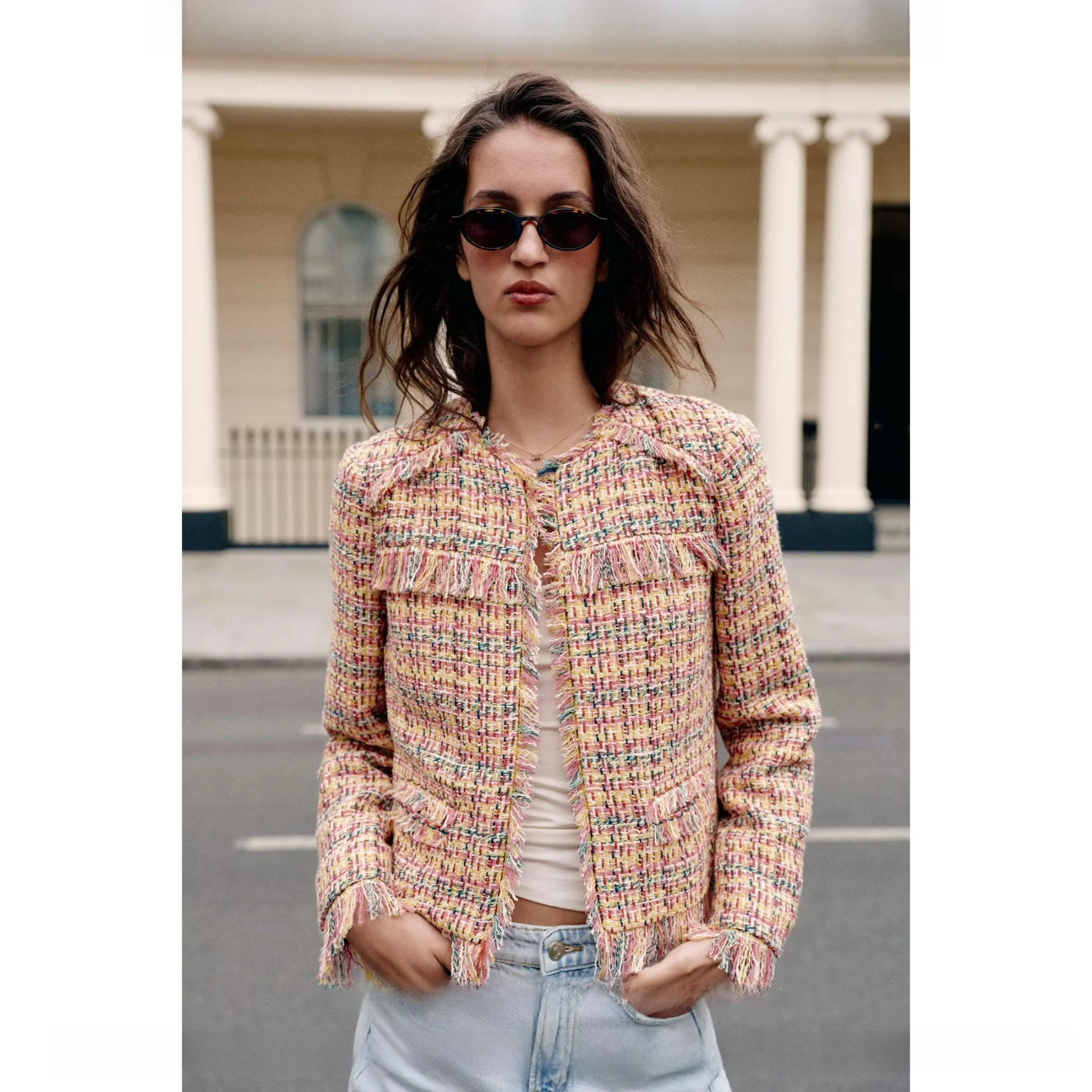 New 2026 Early Autumn Women's Long Sleeve round Neck Fringe Texture Pocket Decorated Open Front Jacket Commute Style Straight...