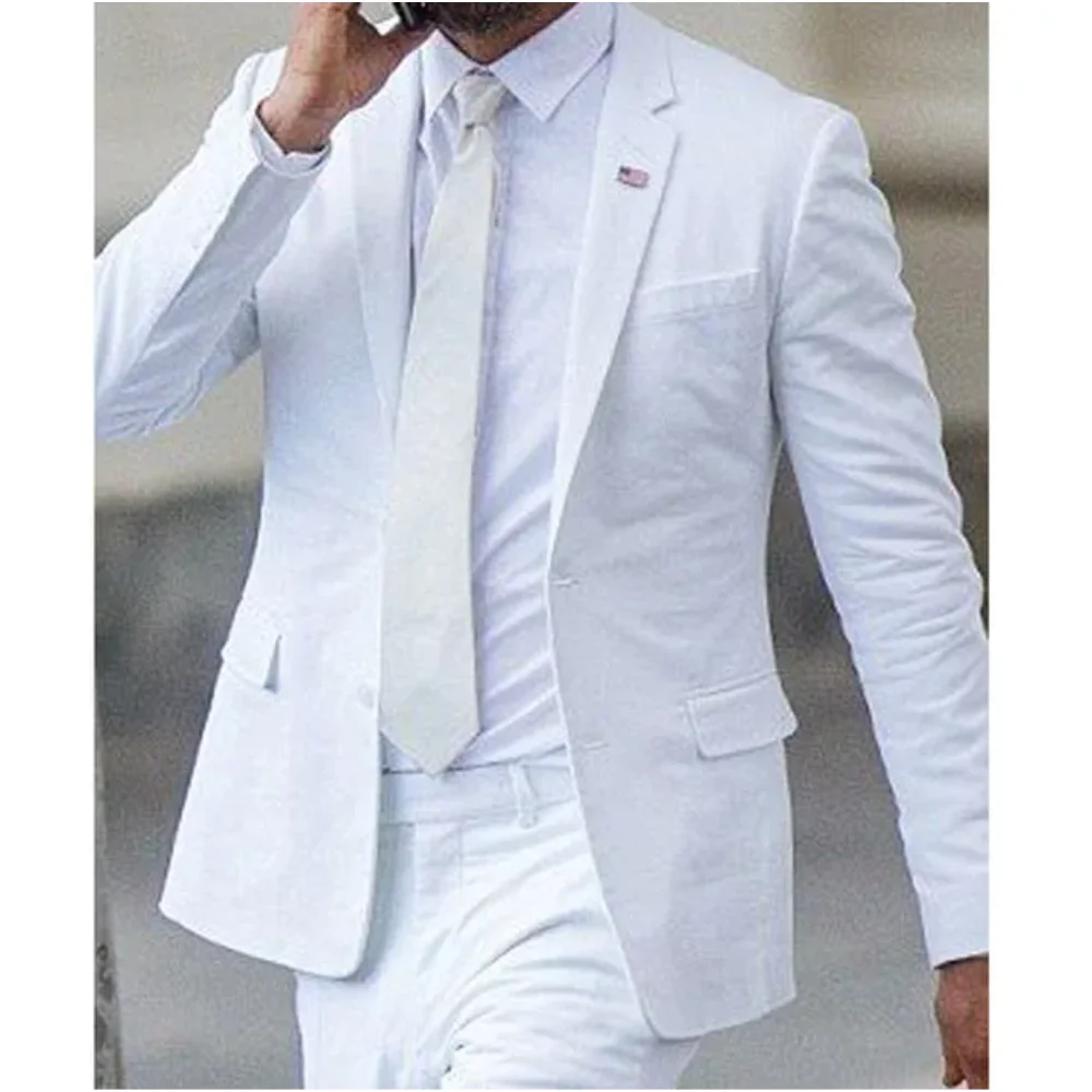

White Notched Lapel Two Piece Man Suits Wedding Groom Tuxedos for Slim Fit Prom Man Suit Jacket Pants Stage Men Blazer