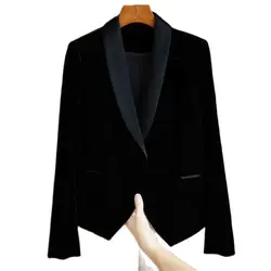 Jaqueta glamourosa de veludo preto de alta classe feminina, blazer curto versátil, terno grande, outwear novo para primavera e outono, 2023