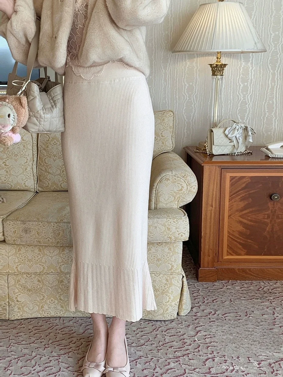 

Осенне-зимняя женская длинная вязаная юбка-полусолнце с высокой талией, облегающая, с эластичным поясом, фасон «рыбий хвост», элегантный стиль