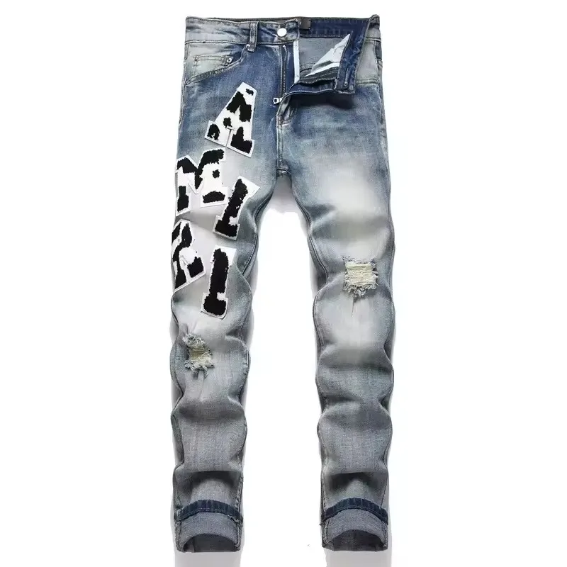 Colorful carved jeans, black street spray tight jeans, and black casual cotton pants suitable for young people