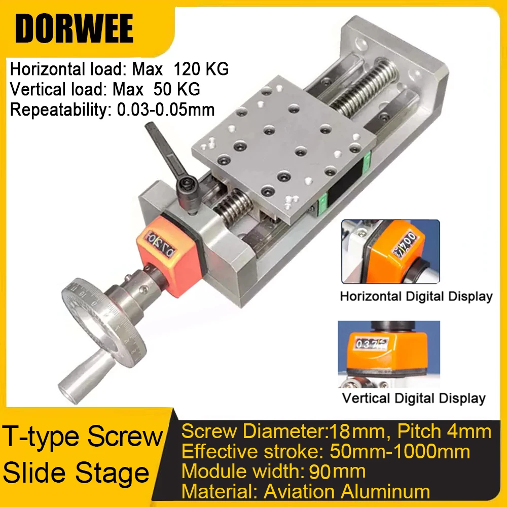 XYZ Axis Manual T-type Lead Screw Sliding Table  Double Linear Rail Stage with Digital Display 2PCS HGH15CA 120kg Load 90mm Wide