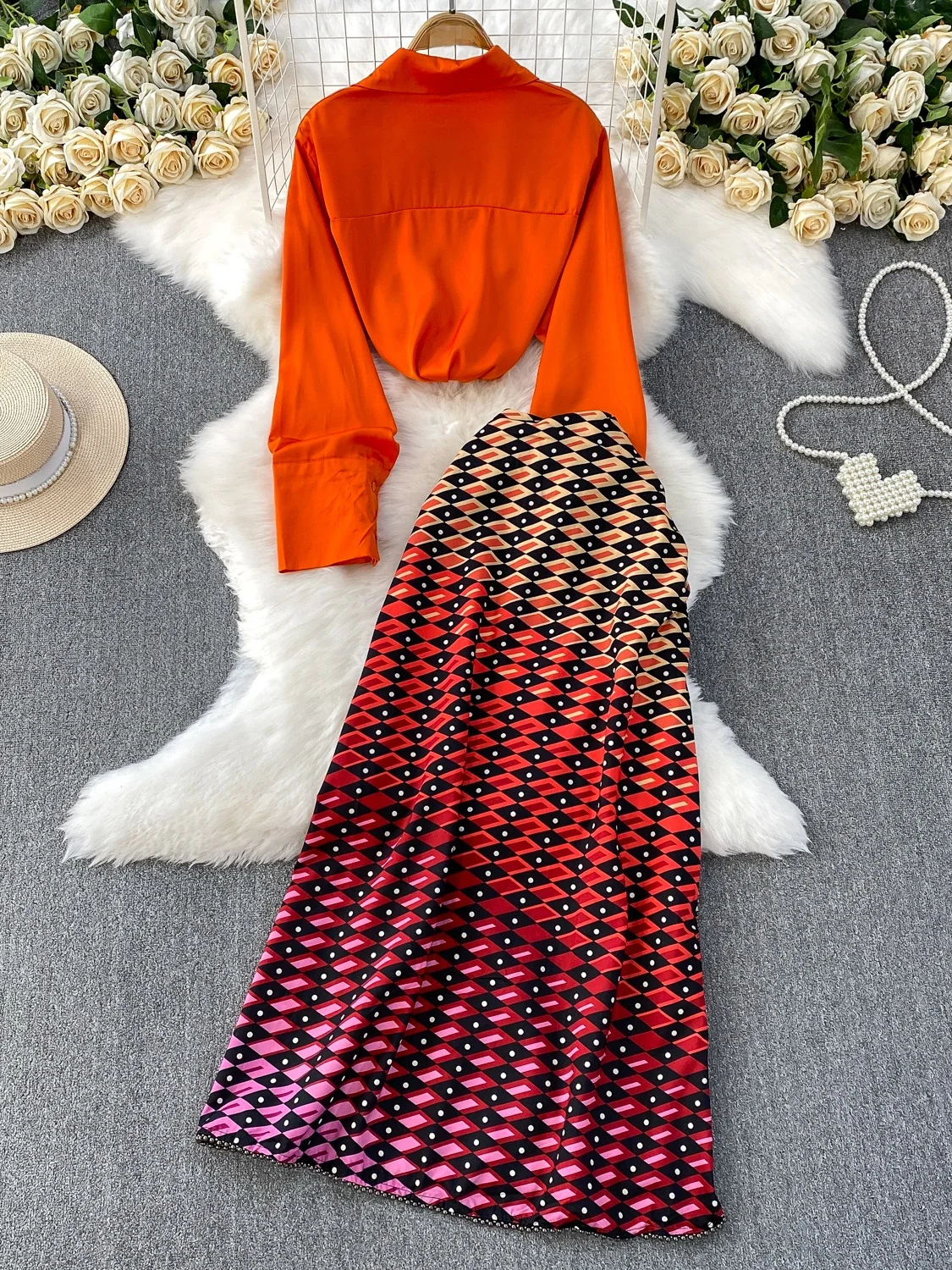 Csa de manga larga naranja a la moda con protección solar y media falda con estampado de cuentas pesadas, conjunto de dos ...