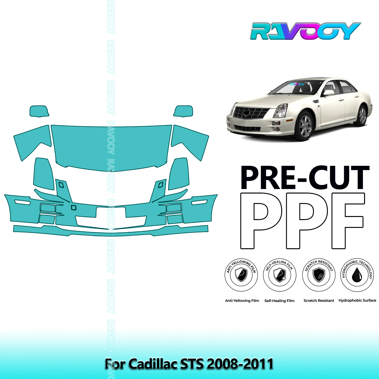 For Cadillac STS 2008-2011 Partial Front Pre-Cut Paint Protection Film PPF Stone Chip Kit | Clear / Matte / Black Finish Options
