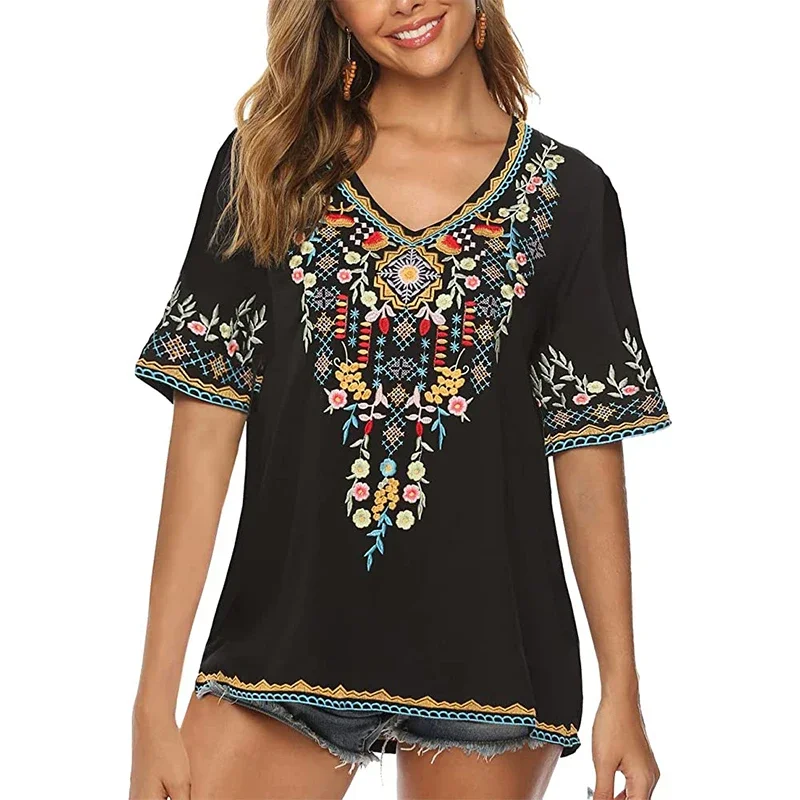 Eaeovni Mexican Boho Embroidered Tops for Women Bohemian Peasant Style Shirts Summer Short Sleeve Tunic Blouses Clothing