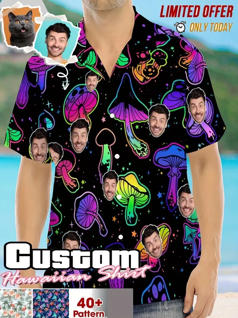 

Artistic Psychedelic Custom Face Hawaiian Shirt Neon Mushroom Print Personalized Photo Men Women Harajuku Daily Aloha Shirts
