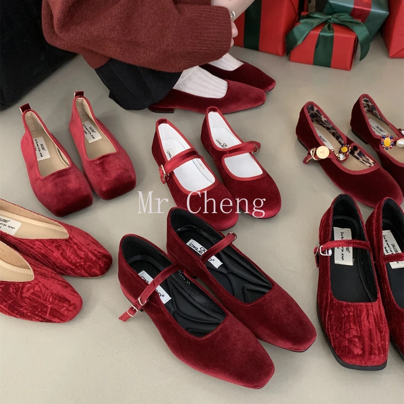 

Red Mary Jane Ballet Flat Office Shoes for Women Work Shoes Comfortable for Work Suede Jeweled Sexy Flats