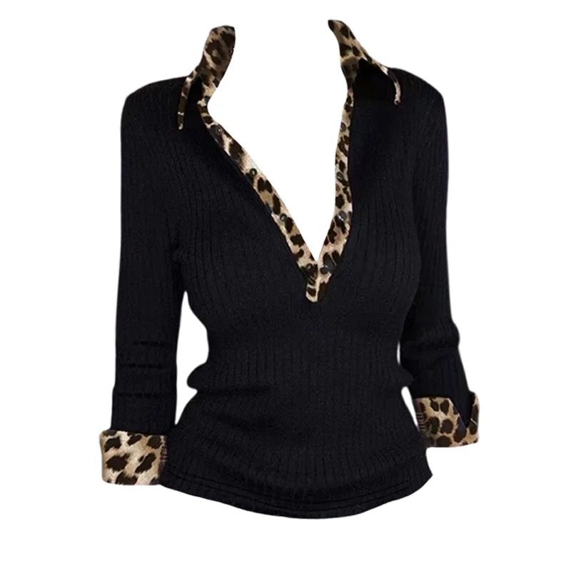 

Spring Women Gyaru Leopard Print V-neck Knit Top 2000s Aesthetic T-Shirt Long Sleeve Japanese Y2k Tees Coquette Design Grunge