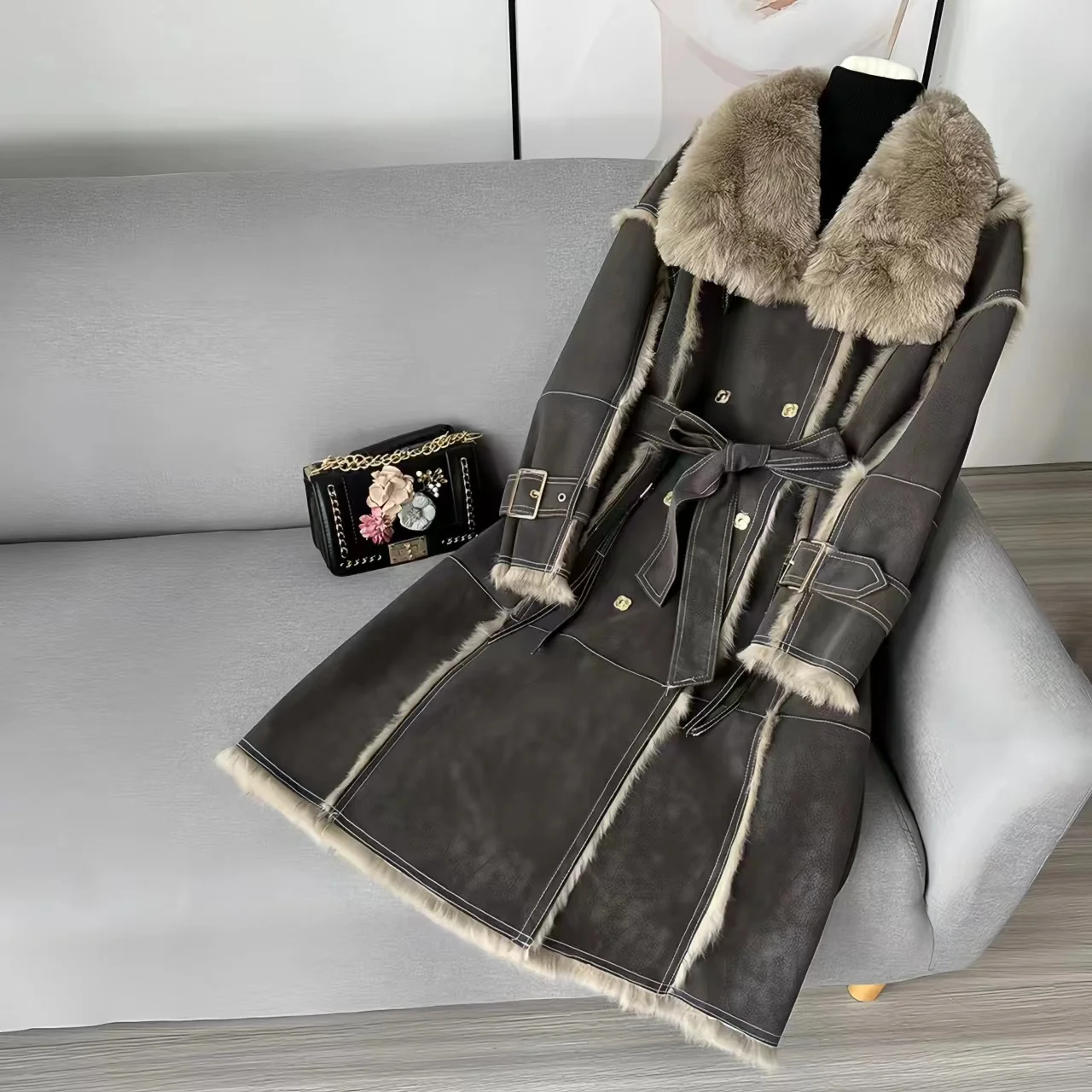 Real Leather Rabbit Fur Coat for Women, Thick Warm Lamb Fur Jacket, Loose Overcoat, Female Clothing, High Quality, New, Winter