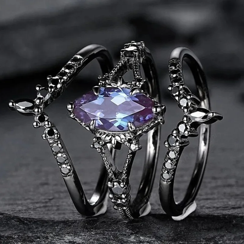 Vintage cor preta geometria incrustada com zircão colorido anel feminino moda festa de noivado conjunto de anéis jóias
