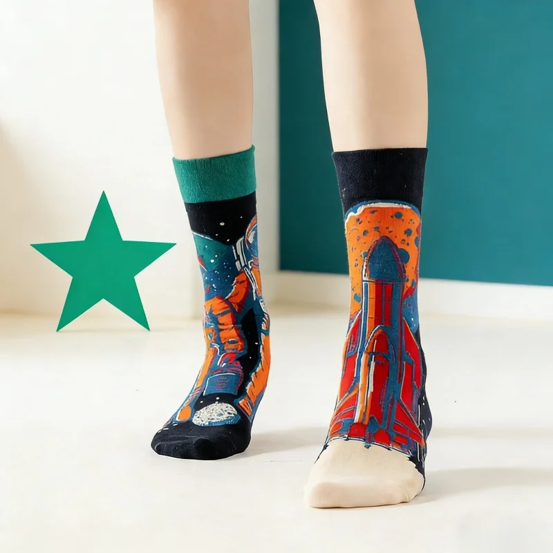 

1 pair Space Theme Astronaut Rocket Asymmetric Print Mid-Calf Socks,Unisex Trendy Socks