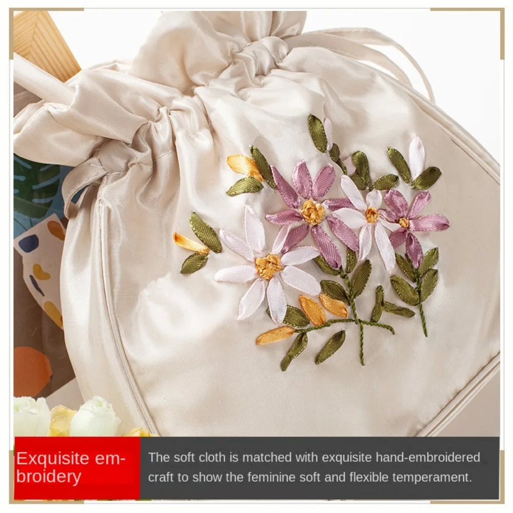 Small Women Bucket Bag Top Handle Ladies Handbag Phone Bag Summer Purse National Style Embroidered Flower Pattern Drawstring Bag