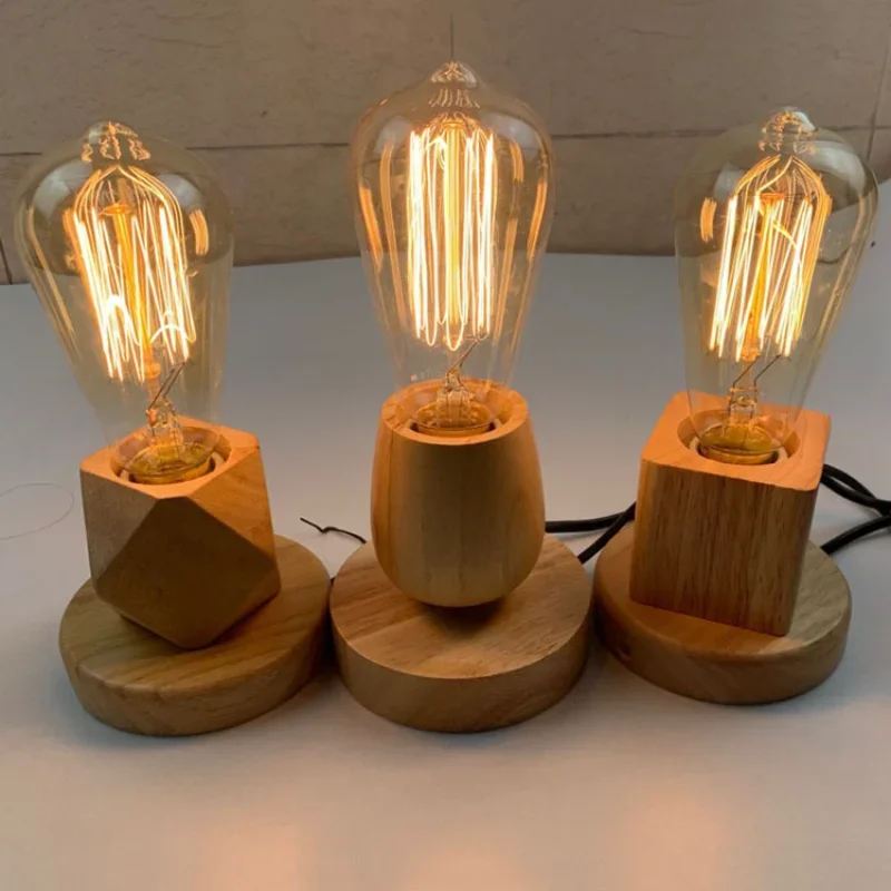 Retro Wood Lamp Holder Vintage Desk Lamp Bases EU Plug Bedside Lamp Home Decoration Lighting Accessories